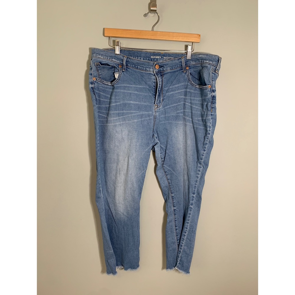 Old Navy Rockstar Jeans Women 18‎ Blue Mid Rise Crop Flare Raw Hem Whiskered